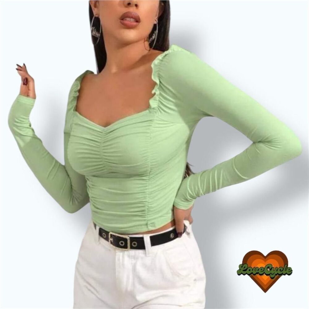 Women's Mint Green Sweetheart Neck Ruched Crop Top – Size S